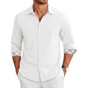 Coofandy Men White Long Sleeve Button Down Untucked Regular Fit Dress Shirt